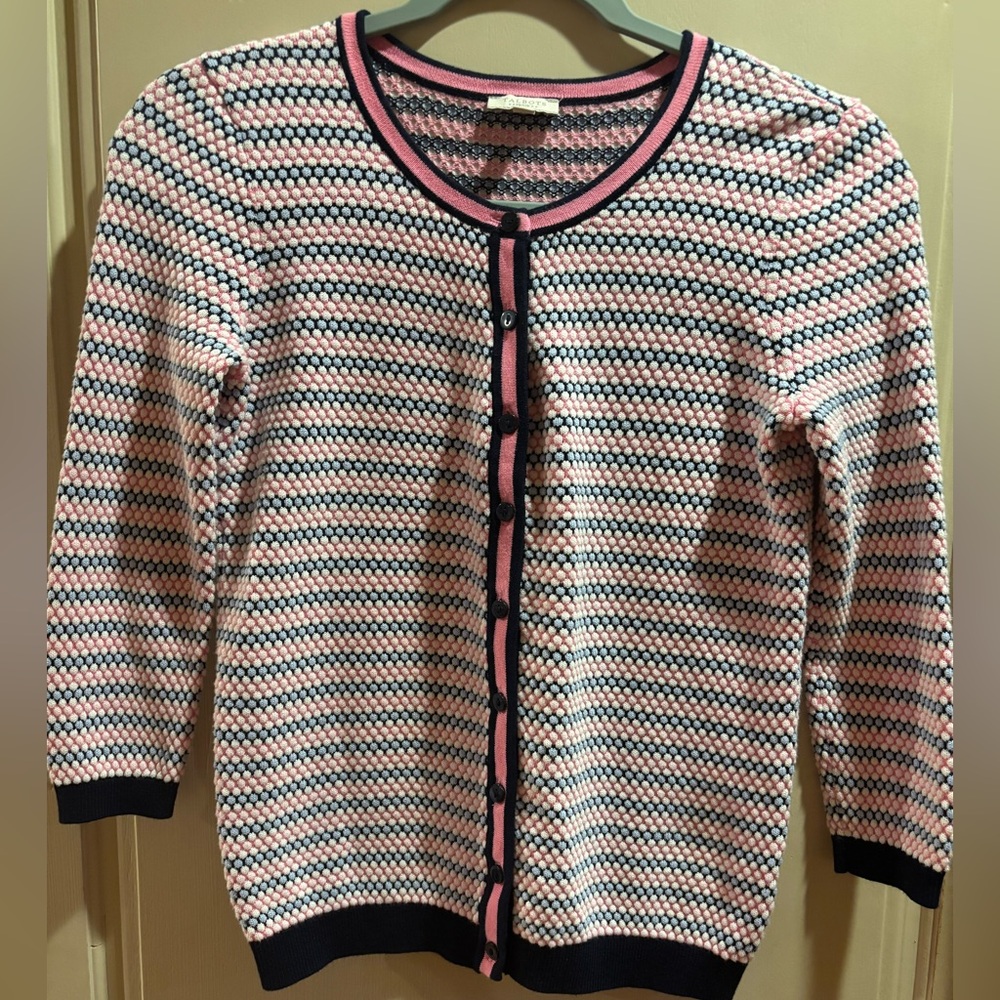 Talbots Petite Cardigan Sweater. Pink, Navy & White Raised Dots. Size PS